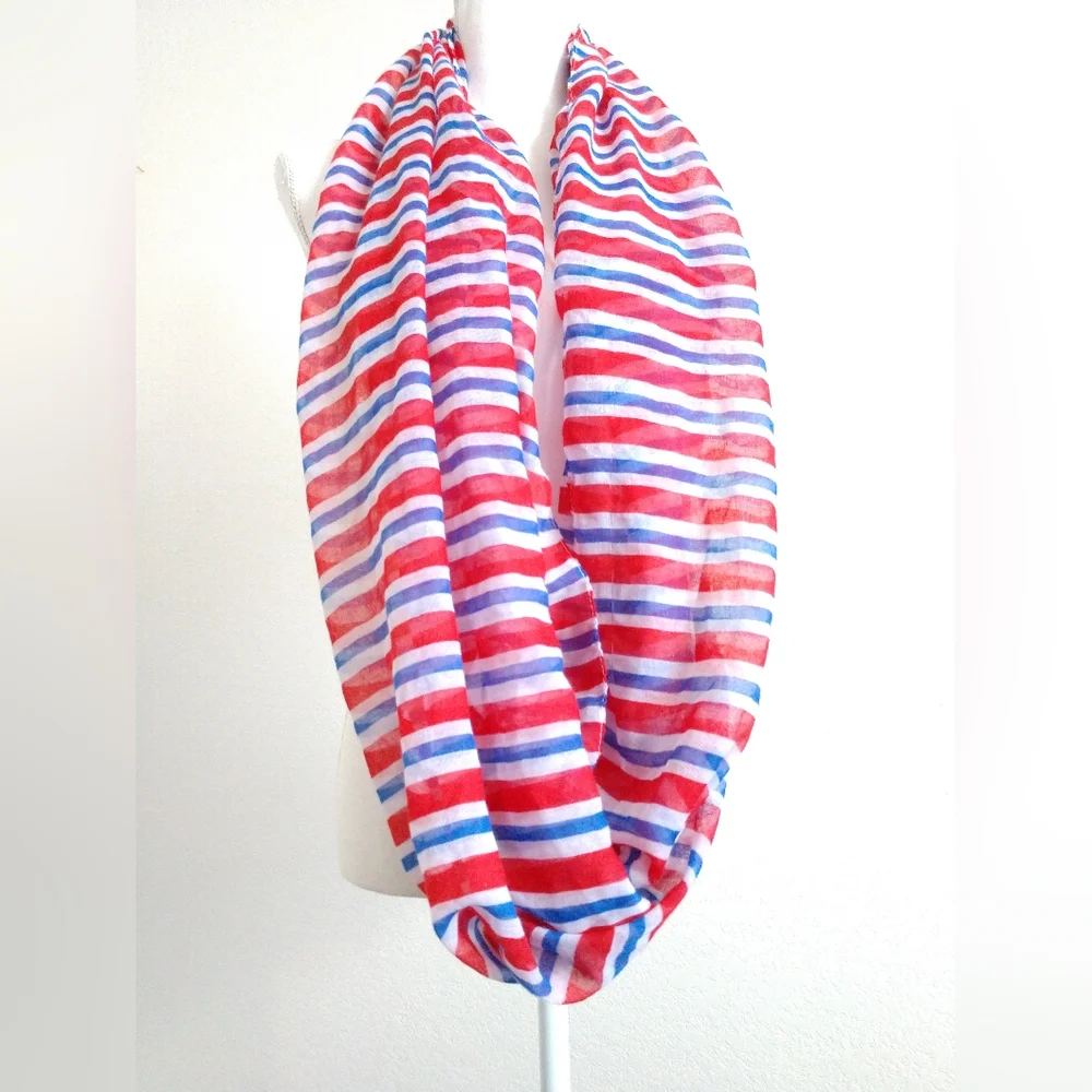 Red White Blue Striped Infinity Scarf Gauze